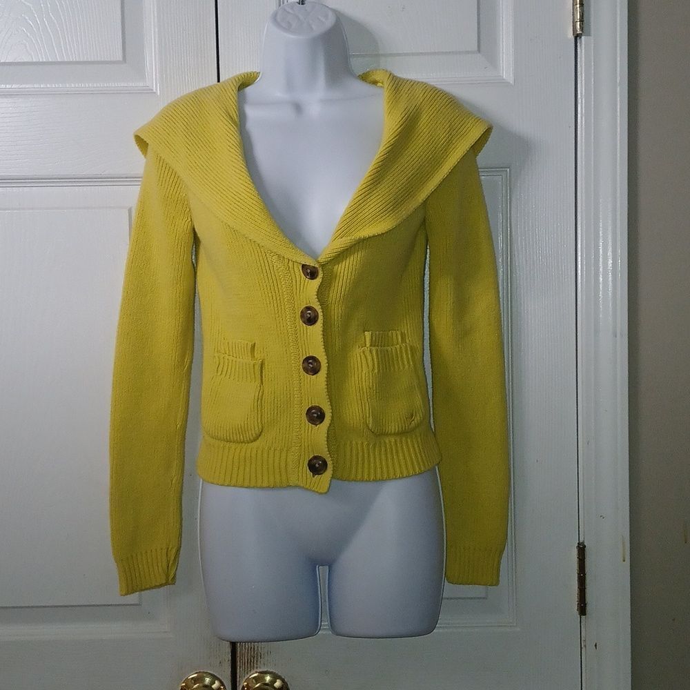 Aerie Bright Yellow Textured Knit button  Hooded Sweater Cardigan  Sz S NWOT